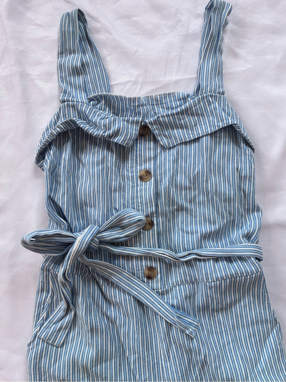 Linen Monteau Blue & White Striped Sleeveless Tie-Waist Jumpsuit - Picture 3 of 9